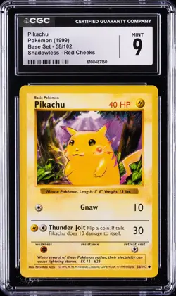 1999 POKEMON BASE SET SHADOWLESS RED CHEEKS #58 PIKACHU CGC 9 - Image 1