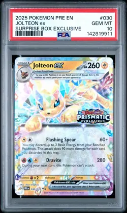 2025 POKEMON PRISMATIC EVOLUTIONS SURPRISE BOX EXCLUSIVE #030 JOLTEON EX PSA 10 - Image 1