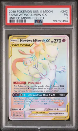 2019 POKEMON SUN & MOON UNIFIED MINDS | SECRETFULL ART/MEWTWO & MEW GX 242. PSA1 - Image 1