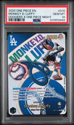 2025 ONE PIECE PROMOS DODGERS X ONE PIECE NIGHT #010 MONKEY D. LUFFY PSA 10 - Image 1