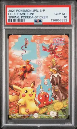 2021 POKEMON JAPANESE S PROMO STICKER LET'S HAVE FUN! SPRING, POKEKA PSA 10 - Image 1