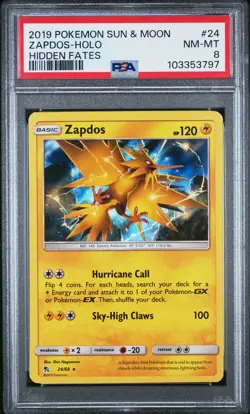 2019 POKEMON SUN & MOON HIDDEN FATES #24 ZAPDOS-HOLO PSA 8 - Image 1