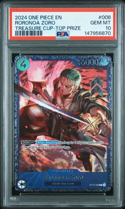 2024 ONE PIECE PROMOS TREASURE CUP-TOP PRIZE #008 RORONOA ZORO PSA 10 - Image 1