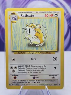 RATICATE Base Set 40/102 Uncommon Pokemon Card Unlimited Edition NM WoTC Vintage - Image 1