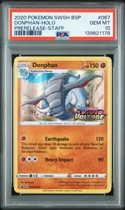 2020 POKEMON SWSH BLACK STAR PROMO PRERELEASE-STAFF #067 DONPHAN-HOLO PSA 10 - Image 1