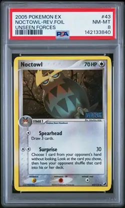 2005 POKEMON EX UNSEEN FORCES #43 NOCTOWL-REVERSE FOIL PSA 8 - Image 1