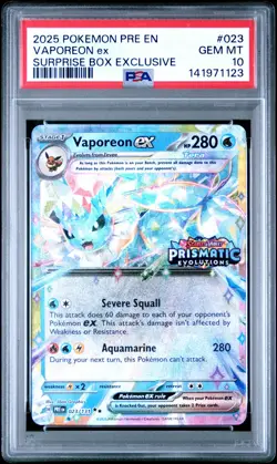 2025 POKEMON PRISMATIC EVOLUTIONS SURPRISE BOX EXCLUSIVE #023 VAPOREON EX PSA 10 - Image 1