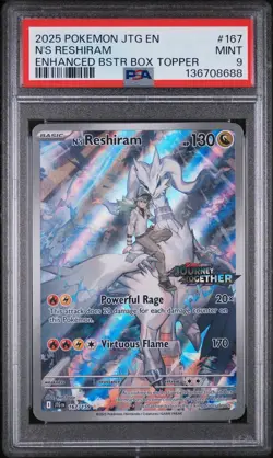 2025 POKEMON JTG ENHANCED BOOSTER BOX TOPPER #167 N'S RESHIRAM PSA 9 - Image 1