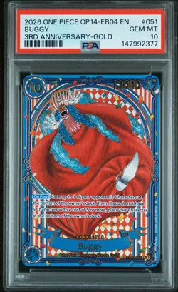 2026 ONE PIECE OP14-EB04-THE AZURE SEA'S SEVEN 3RD ANNIV-GOLD #051 BUGGY PSA 10 - Image 1
