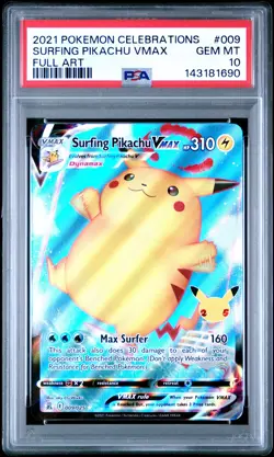 2021 POKEMON CELEBRATIONS #009 FULL ART/SURFING PIKACHU VMAX PSA 10 - Image 1