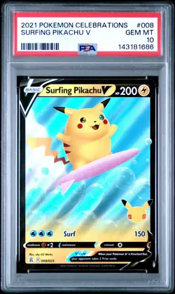 2021 POKEMON CELEBRATIONS #008 SURFING PIKACHU V PSA 10 - Image 1