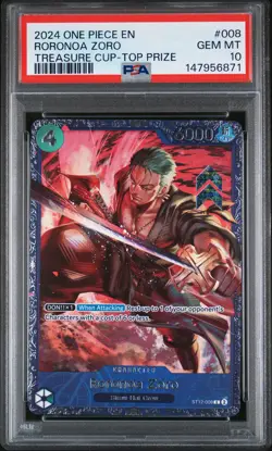 2024 ONE PIECE PROMOS TREASURE CUP-TOP PRIZE #008 RORONOA ZORO PSA 10 - Image 1