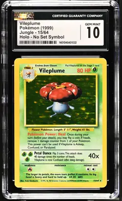CGC 10 GEM MINT Vileplume Jungle No (Set) Symbol Error 15/64 Holo Pokemon Card - Image 1