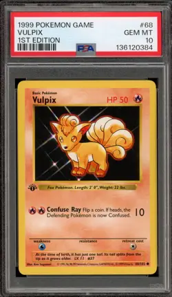 Pokemon Vulpix Base Set Shadowless 1st Edition #68 PSA 10 Gem Mint - Image 1