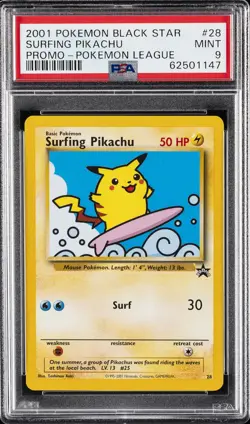 2001 POKEMON PROMO BLACK STAR POKEMON LEAGUE #28 SURFING PIKACHU PSA 9 - Image 1