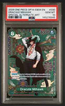PSA 10 GEM MINT - ENG One Piece OP12-030 Dracule Mihawk OP14-EB 04 SP Alt Art SR - Image 3