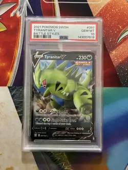 POKEMON CARD 2021 SWORD & SHIELD BATTLE STYLES #097 TYRANITAR V PSA 10 - Image 1
