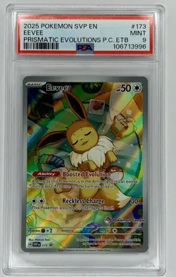 2025 POKEMON PRISMATIC EVOLUTIONS POKEMON CENTER ETB PROMO #173 EEVEE PSA 9 - Image 1