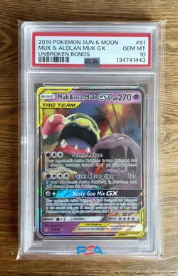 Pokemon Card PSA 10 - MUK & ALOLAN MUK GX (Tag Team) #61 - 2019 Unbroken Bonds - Image 1