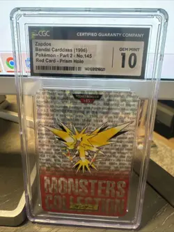 1996 BANDAI CARDDASS POKEMON PART 2 RED CARD PRISM HOLO #145 ZAPDOS CGC 10 - Image 1