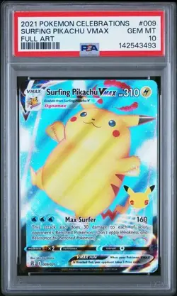 2021 POKEMON CELEBRATIONS #009 FULL ART/SURFING PIKACHU VMAX PSA 10 - Image 1