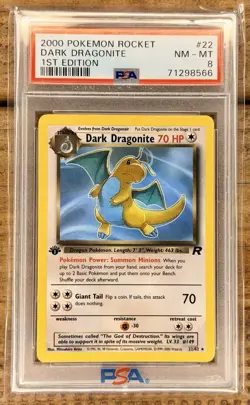 2000 Pokemon Dark Dragonite 22/82 Team Rocket 1st Ed PSA 8 - Image 1