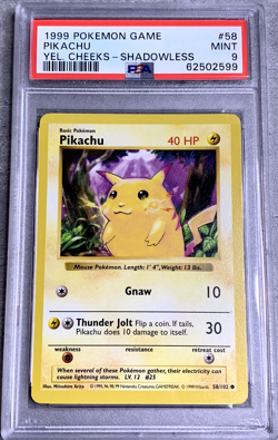 Pokemon Card Shadowless Pikachu Yellow Cheeks PSA 9 Mint, Base Set #58, 1999 (1) - Image 1