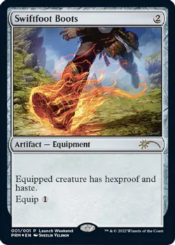 Slightly Played, English - 1 x MTG Swiftfoot Boots - Launch Weekend Foil Promoti - Image 1