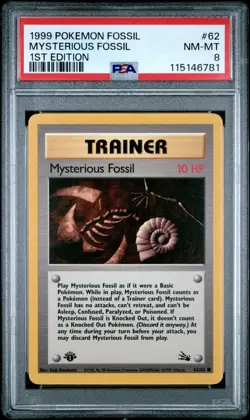 PSA 8 NM/MT 1999 POKEMON FOSSIL #62 MYSTERIOUS FOSSIL 1ST EDITION ENGLISH - Image 1