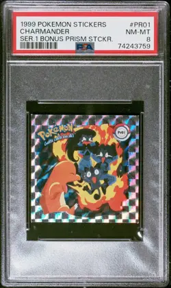 Pokemon 1999 Artbox Sticker Charmander Bonus Prism Holo PSA 8 - Image 1