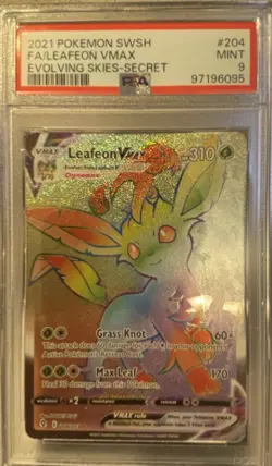 PSA 9 MINT 2021 Pokemon Evolving Skies LEAFEON VMAX Rainbow Secret Rare #204/203 - Image 1