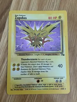 Pokemon Card TCG Zapdos #15/62 Holo Rare 1999 Unlimited Edition Fossil Set -USED - Image 1