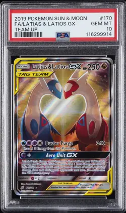 2019 POKEMON SUN & MOON TEAM UP #170 FULL ART/LATIAS & LATIOS GX PSA 10 - Image 1