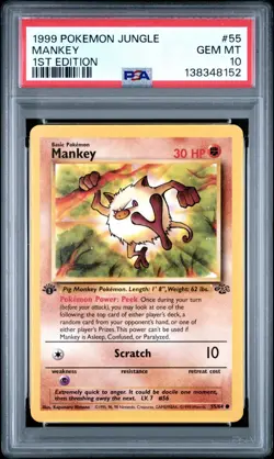 1999 Pokemon Jungle 1st Edition Mankey 55 FRESHLY GRADED PSA 10 GEM MINT - Image 1