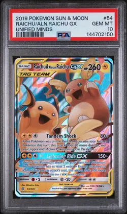 2019 Pokemon Sun & Moon Unified Minds #54 Raichu/Alolan Raichu Gx PSA 10 - Image 1