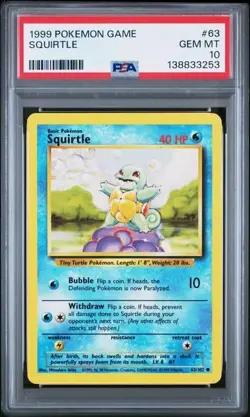 1999 POKEMON Card BASE SET UNLIMITED #63 SQUIRTLE PSA 10 - Image 1