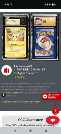 (POP 15) CGC 10 PRISTINE Minun POP Series 1 12/17 2004 Pokemon Card - Image 4