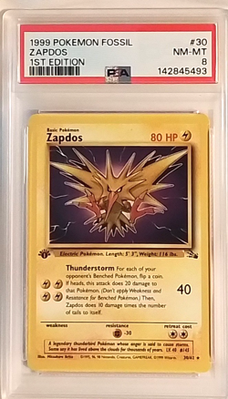 ZAPDOS 1999 POKEMEN FOSSIL 1ST EDITION RARE NON HOLO CARD 30/62 - PSA NM-MT 8 - Image 1