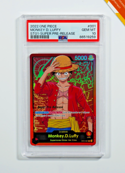One Piece PSA 10 Monkey D. Luffy #ST01-001 Super Pre Release 2022 English - Image 1