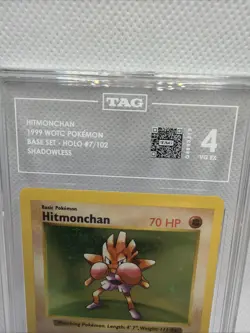 Hitmonchan 007/102 Base Set Holoshadowless Pokemon Card Graded TAG 4 - Image 3
