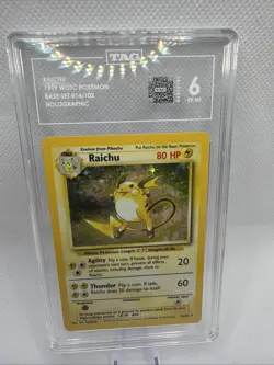 Pokemon Card Raichu 14/102 Base Set Unlimited Holo Rare Graded TAG 6 - Image 1