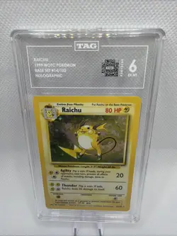 Pokemon Card Raichu 14/102 Base Set Unlimited Holo Rare Graded TAG 6 - Image 2