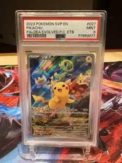 2023 Paldea Evolved Pokemon Center ETB Pikachu #27 PSA 9 - Image 1