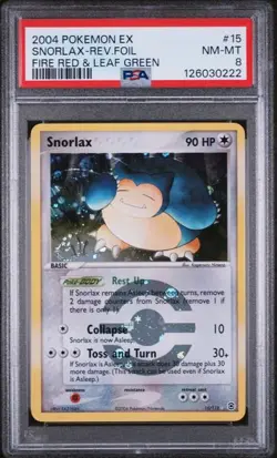 2004 POKEMON EX FIRE RED & LEAF GREEN #15 SNORLAX REVERSE HOLO PSA 8 +BONUS Card - Image 1
