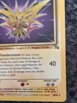 Zapdos 30/62 Fossil Rare Non Holo NM 1999 Pokemon Card WOTC - Image 3