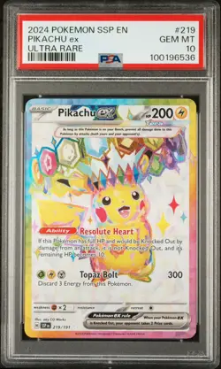 2024 POKEMON SSP EN-SURGING SPARKS ULTRA RARE #219 PIKACHU EX PSA 10 - Image 1
