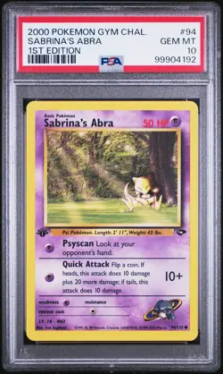 Sabrina's Abra 94/132 1st Edition Gym Challenge Pokemon PSA 10 - Image 1