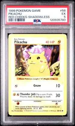 1999 Pokemon Game Base Set PIKACHU Red Cheeks Shadowless Card #58 PSA 5 EX Rare! - Image 1
