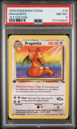 1999 POKEMON FOSSIL 1ST EDITION #19 DRAGONITE PSA 8 - Image 1