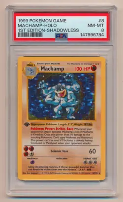 PSA 8 Pokemon Base Set 1st Edition SHADOWLESS Holo Rare Machamp 8/102 NM/MINT! - Image 1